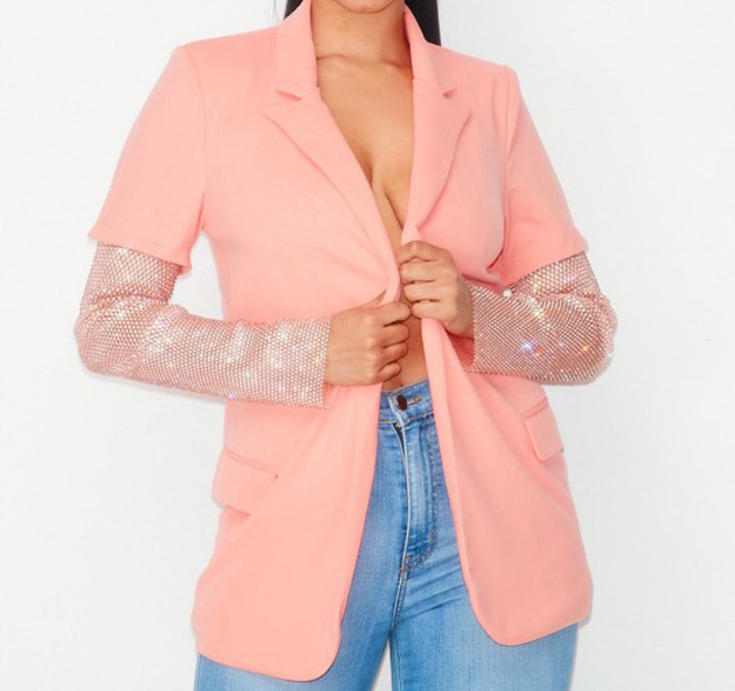 Diamond Studded Mesh Long Sleeve Blazer(New Arrivals)